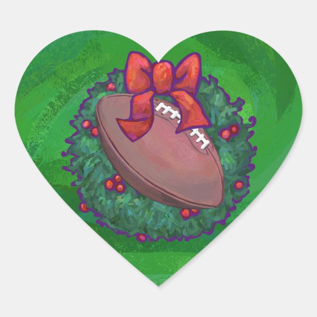 Football in Christmas Wreath on Green Heart Sticker (Front)