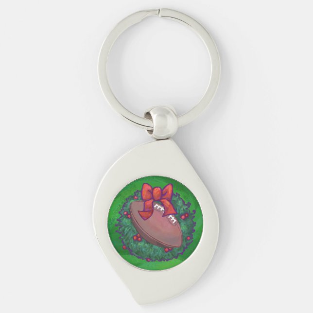 Football in Christmas Wreath on Green Key Ring (Front)