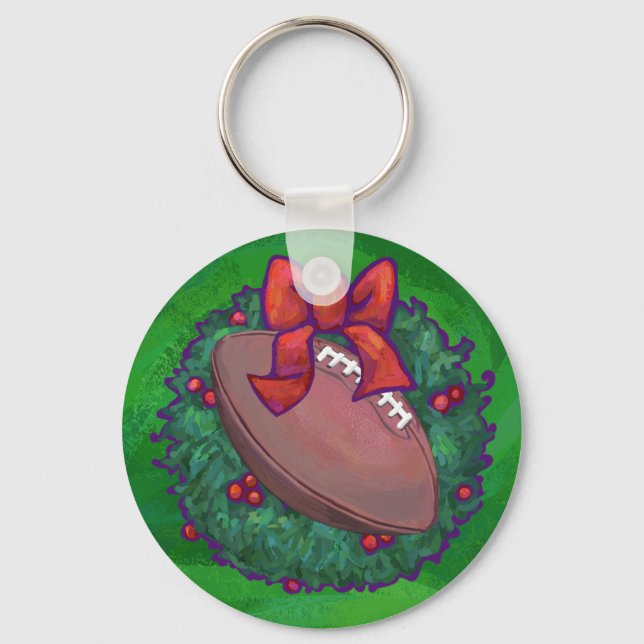 Football in Christmas Wreath on Green Key Ring (Front)