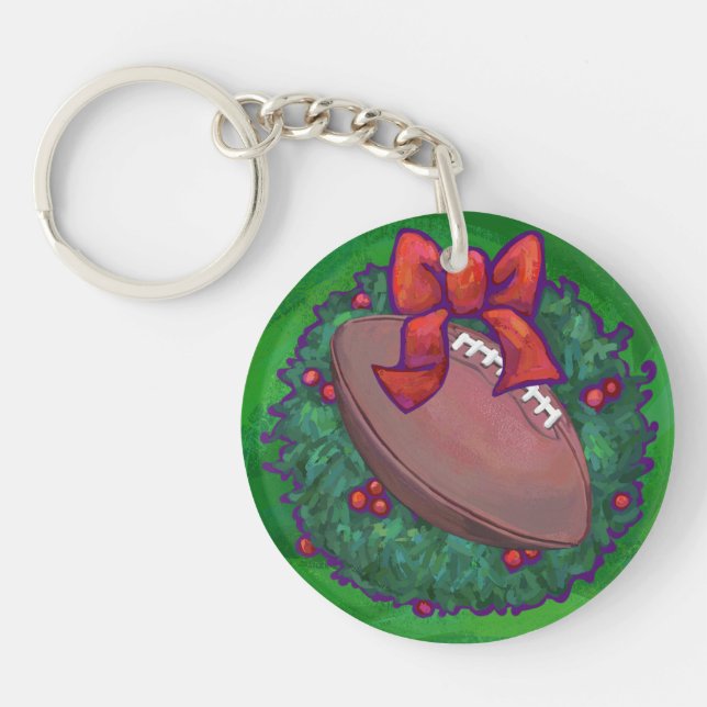 Football in Christmas Wreath on Green Key Ring (Front)