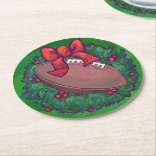 Football in Christmas Wreath on Green Round Paper Coaster