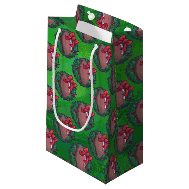 Football in Christmas Wreath on Green Small Gift Bag (Front Angled)
