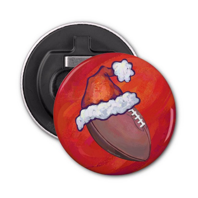 Football in Santa Hat on Red Bottle Opener (Front)