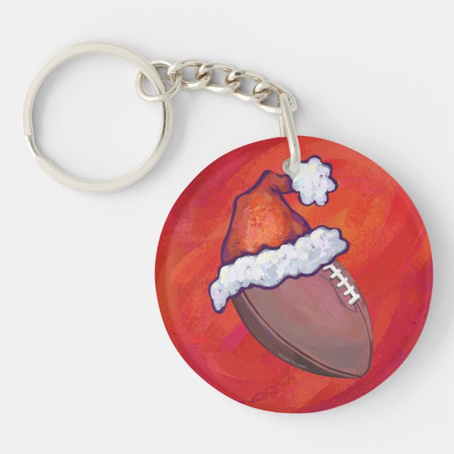 Football in Santa Hat on Red Key Ring (Front)