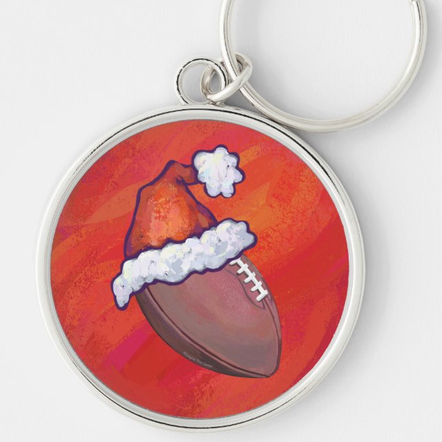 Football in Santa Hat on Red Key Ring (Front)