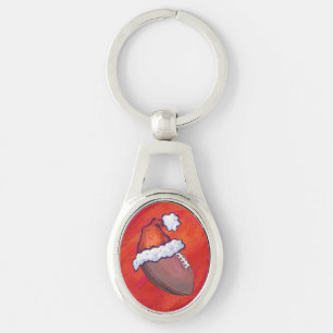 Football in Santa Hat on Red Key Ring