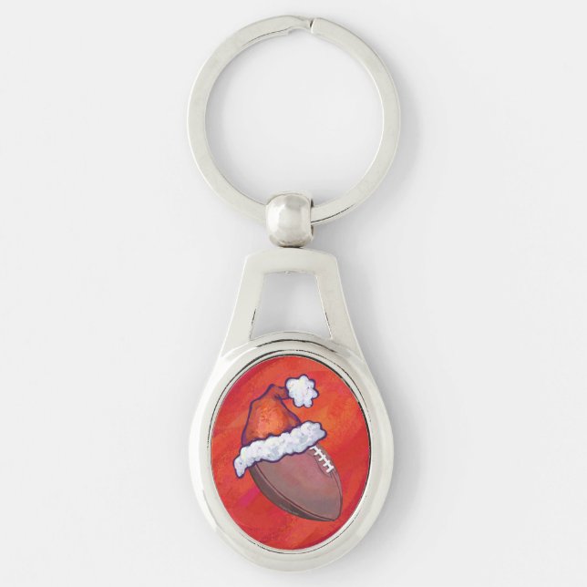 Football in Santa Hat on Red Key Ring (Front)