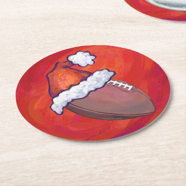 Football in Santa Hat on Red Round Paper Coaster (Angled)