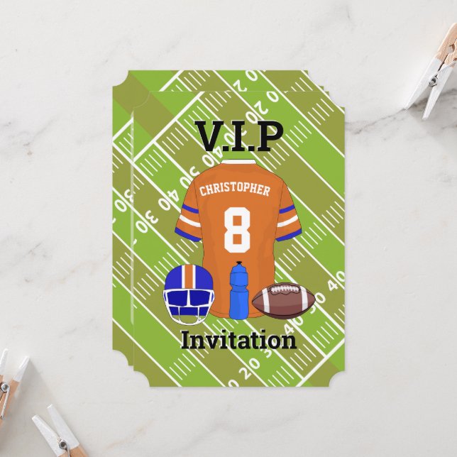 Football Jersey and pitch Birthday party orange Invitation (Front/Back In Situ)