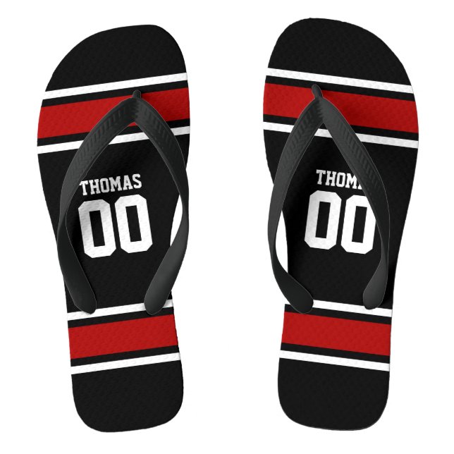 Football Jersey Black|Red Personalised Flip Flops (Footbed)