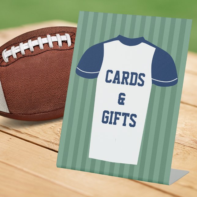 Football Jersey Game Day Wedding Cards & Gifts Pedestal Sign (Angled view jersey theme championship football wedding cards and gifts table sign)