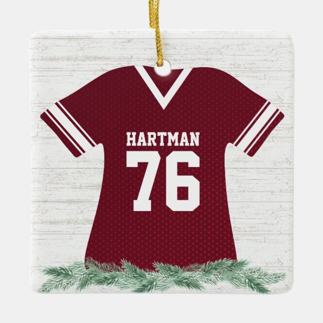 Football Jersey Maroon and White with Photo Ceramic Ornament (Front)