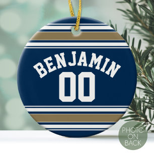 Football Jersey Navy Blue Gold Stripes Name Number Ceramic Tree Decoration