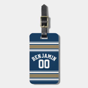 Football Jersey Navy Blue Gold Stripes Name Number Luggage Tag
