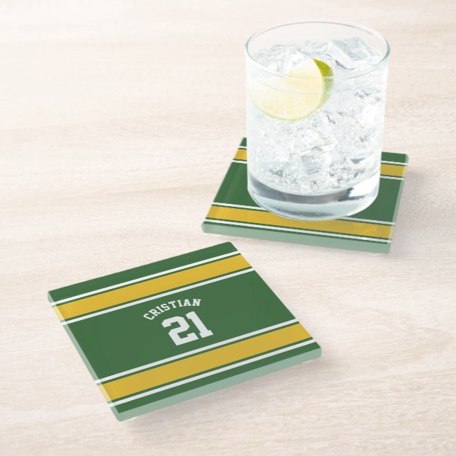 Football Jersey Themed Yellow and Green Glass Coaster (Angled)