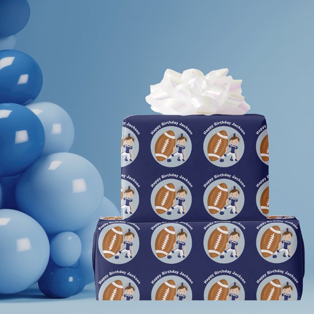 Football Kid Personalised Boy Blue Happy Birthday Wrapping Paper (Creator Uploaded)