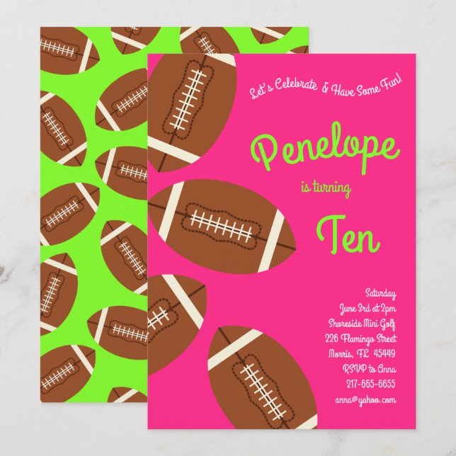 Football Kids Birthday Party Sports Pink Girls Invitation (Front/Back)