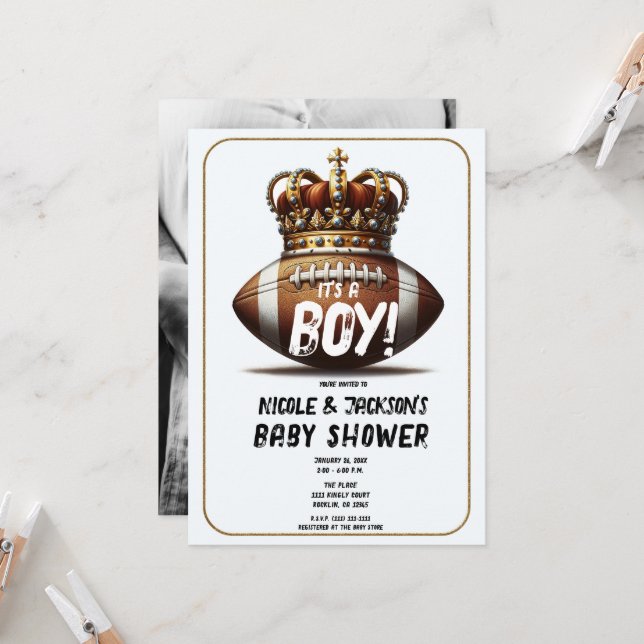Football King Gold Crown Photo Baby Shower Invitation (Front/Back In Situ)