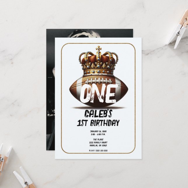 Football King Gold Crown Photo Back 1st Birthday  Invitation (Front/Back In Situ)