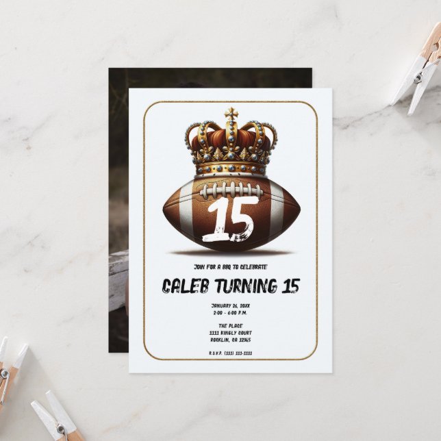 Football King Gold Crown Photo Birthday Party Invitation (Front/Back In Situ)