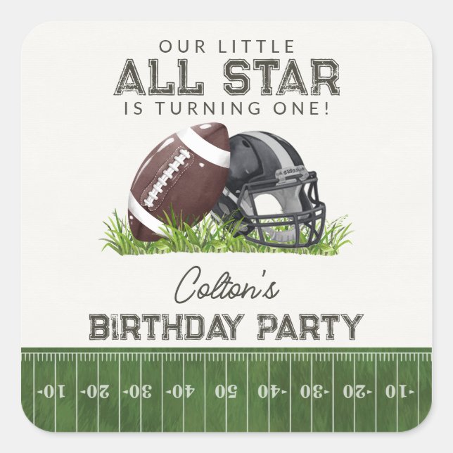 Football Little All Star Touchdown Birthday Favour Square Sticker (Front)