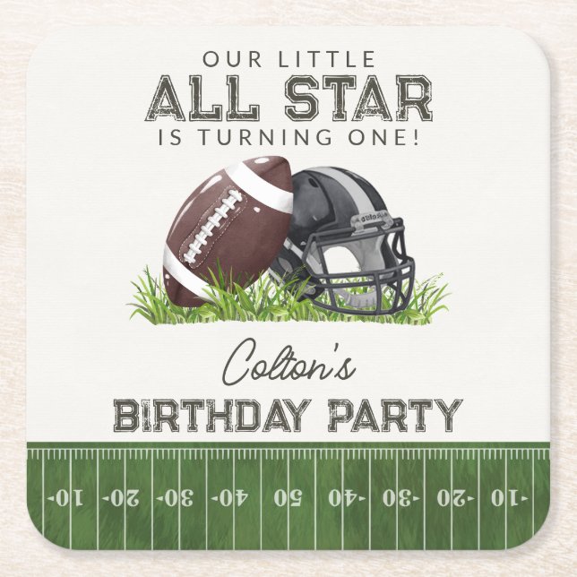 Football Little All Star Touchdown Birthday Party Square Paper Coaster (Front)