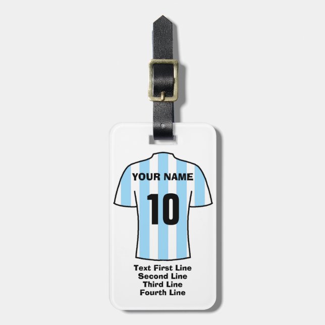 Football Luggage Tag - with Sky Blue Stripes (Front Vertical)