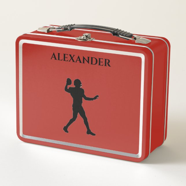 Football metal lunch box in red/custom name. (Front)