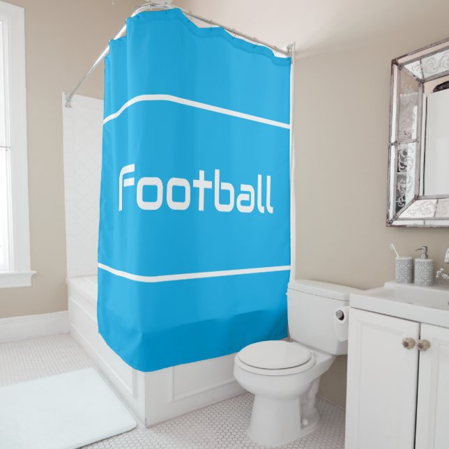 FOOTBALL Modern White Text Stripes On Azure Blue Shower Curtain (In Situ)
