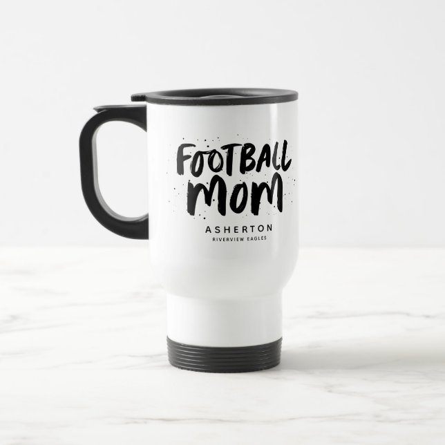 Football mum black and white personalised photo travel mug (Left)