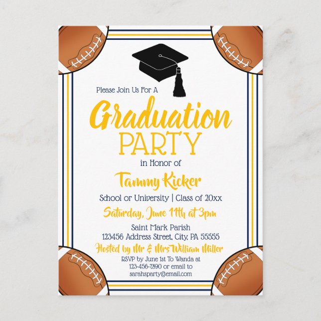 Football Navy & Gold Graduation Party Invitation Postcard (Front)