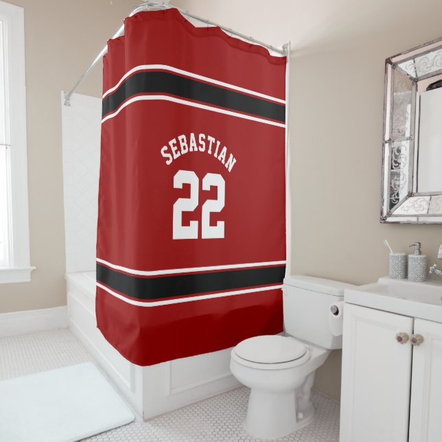 Football Novelty Personalised Jersey Black Red Shower Curtain (In Situ)
