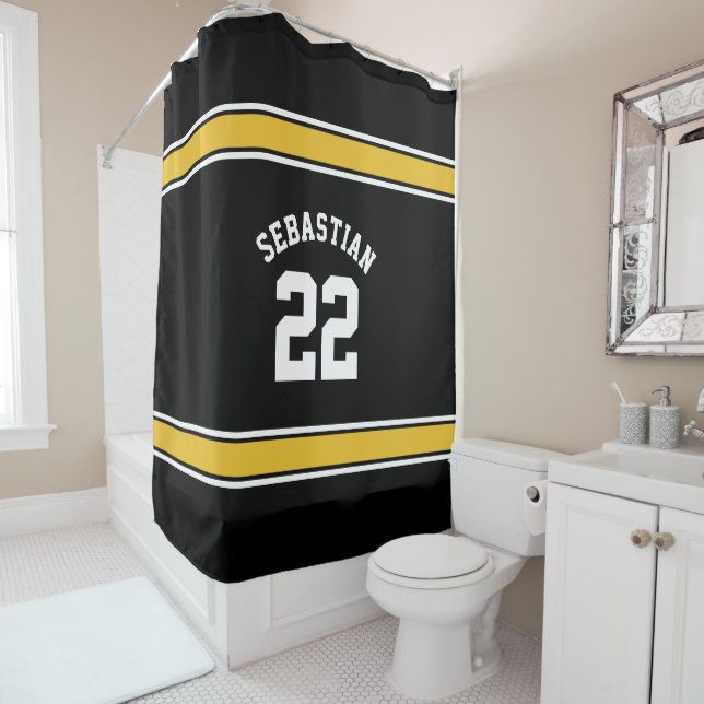 Football Novelty Personalised Jersey Black Yellow Shower Curtain (In Situ)