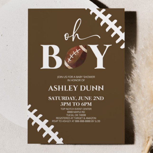 Football Oh Boy Brown White Baby Shower Invitation (Creator Uploaded)