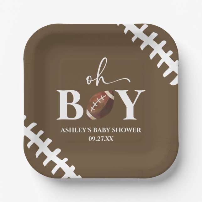 Football Oh Boy Brown White Baby Shower Paper Plate (Front)