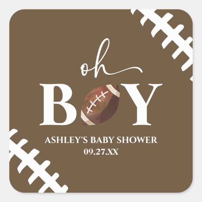 Football Oh Boy Brown White Baby Shower Square Sticker (Front)
