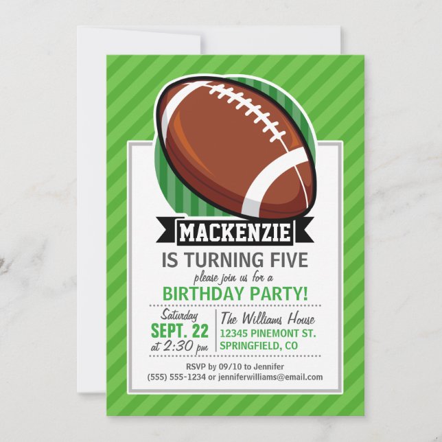 Football on Green Stripes Invitation (Front)