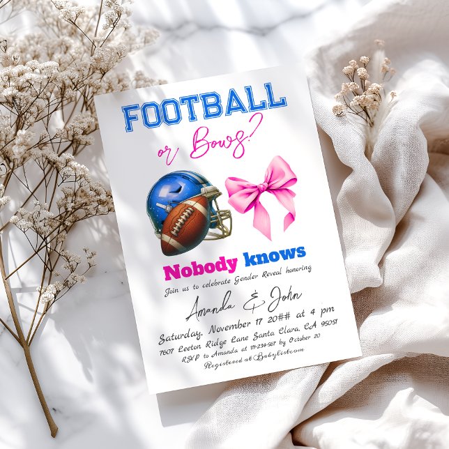 Football or Bows Blue or Pink Gender Reveal Invitation (Creator Uploaded)