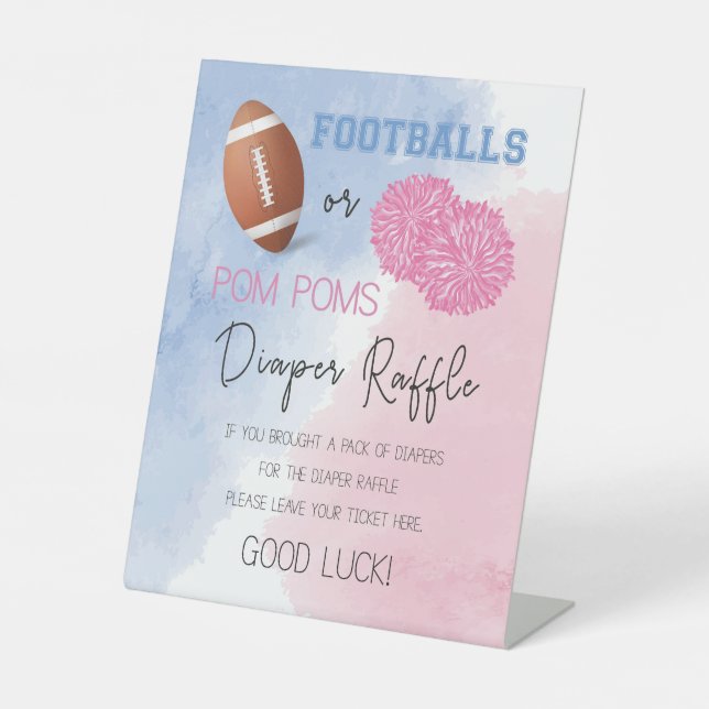 Football or Pom Poms gender reveal diaper raffle  Pedestal Sign (Front)