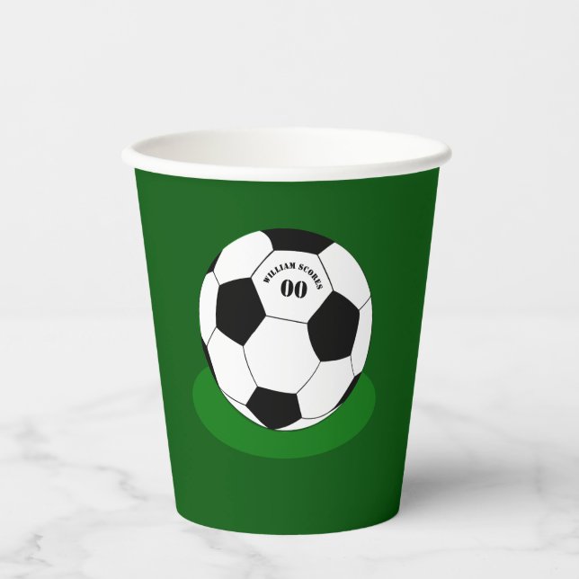 Football party, Soccer Ball with Name & Number Paper Cups (Front)