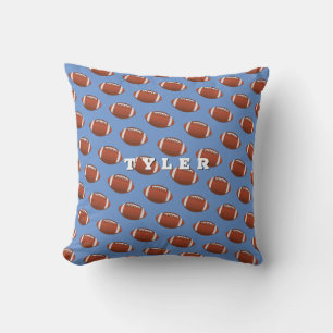 Football Pattern, Personalise Bold Name on Blue Cushion