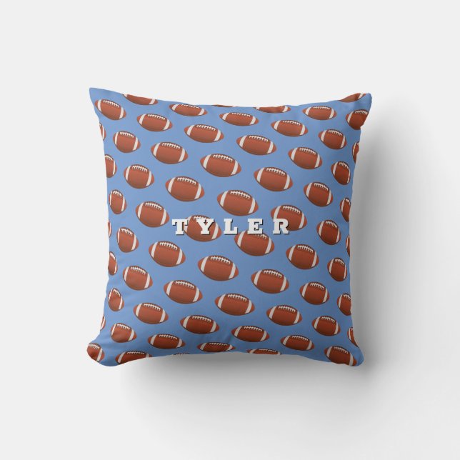 Football Pattern, Personalise Bold Name on Blue Cushion (Front)