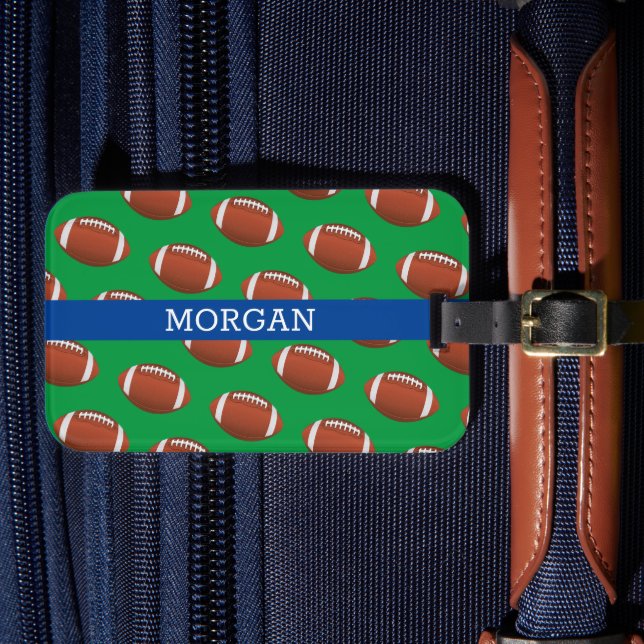 Football Pattern, White Name, Blue & Green Luggage Tag (Front Insitu 4)