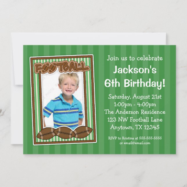 Football Photo Birthday Party Green Invitations (Front)