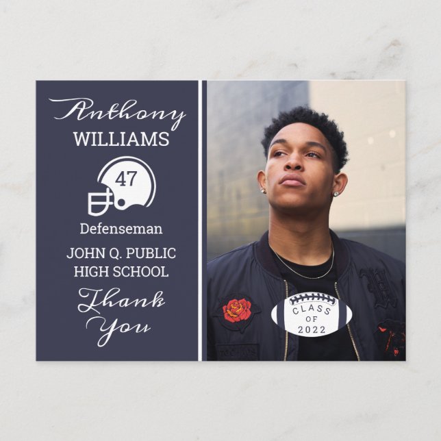 Football Photo Blue | White Graduation Postcard (Front)