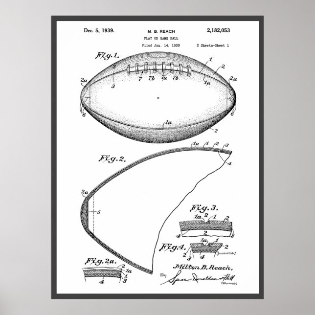 Football Pigskin 1939 Blueprint Patent Poster (Front)