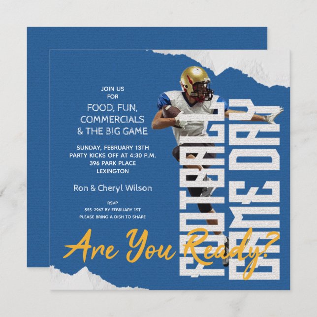 Football Player Big Game Day Party Invitations (Front/Back)