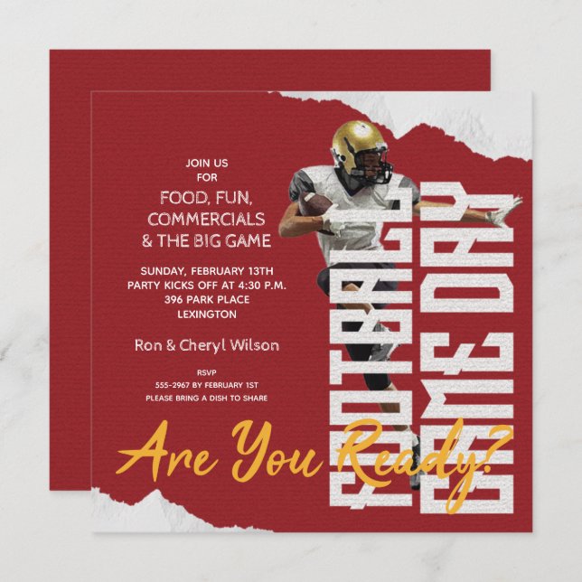 Football Player Big Game Day Red Party Invitations (Front/Back)