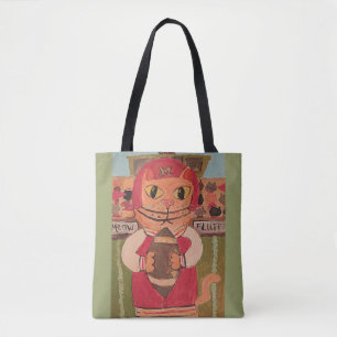 Football Player Cat Folk Art Fun Painting Tote Bag