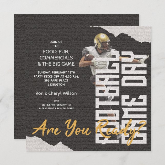 Football Player Game Day Black Party Invitations (Front/Back)